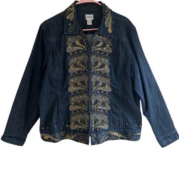 Chico’s gold embellished‎ sequin design Jean jacket size large or Chico's size 2 - Picture 1 of 7